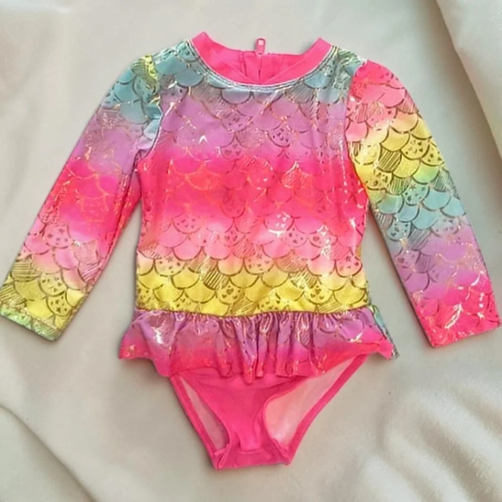 Size 2T Cat & Jack Swimsuit Pink Rainbow Mermaid Scale Gold Foil Ruffle
